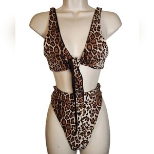 Four Three Seven Leopard Bikini Set Plunge Tie Top High Cut Bottoms L/M